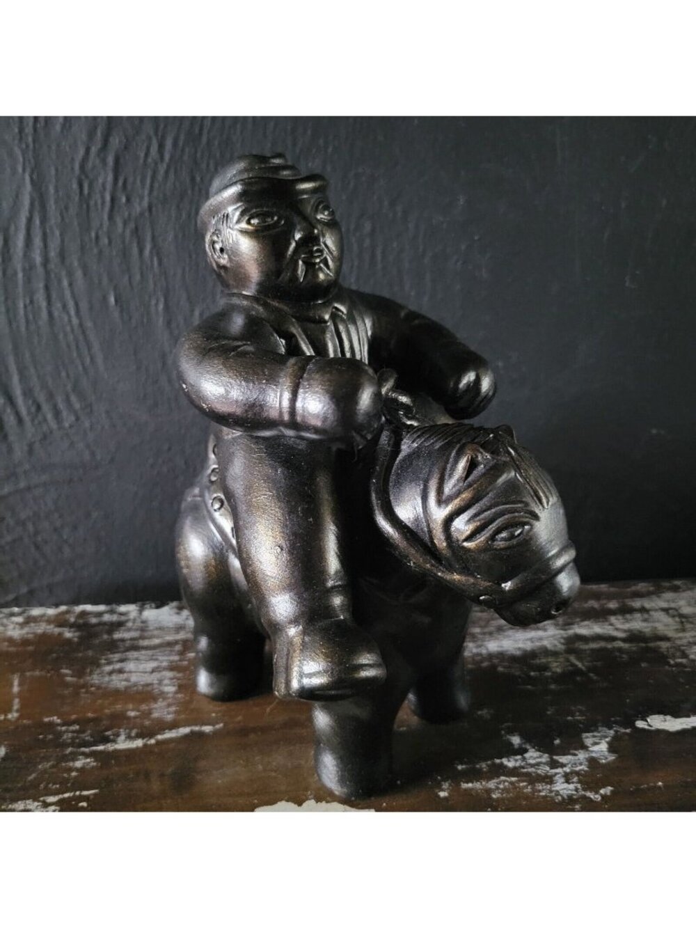 Vintage Ceramic Man With Fedora On Horse Figure Folk Art Figure